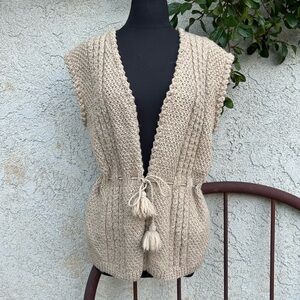 Oatmeal Tan Knit Wool Blend Sweater Vest, Cinched Waist Tie, Boho Cottagecore